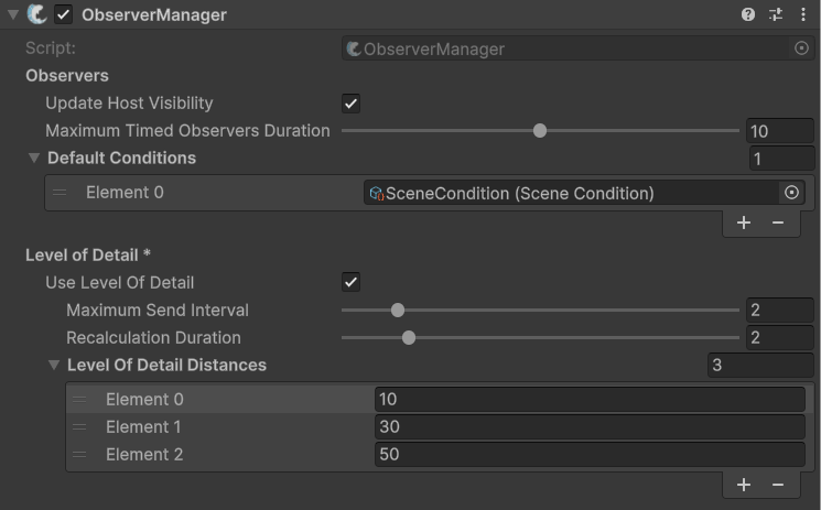 Example of the Observer Manager component with Level of Detail enabled and configured