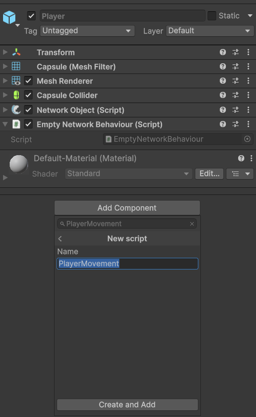 An image showing the Player prefab in the Unity Inspector and creating a new script component called "PlayerMovement".