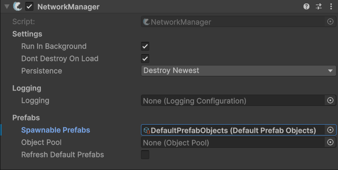 NetworkManager component highlighting Spawnable Prefabs field