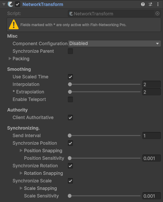 A picture of the NetworkTransform component with its default settings.