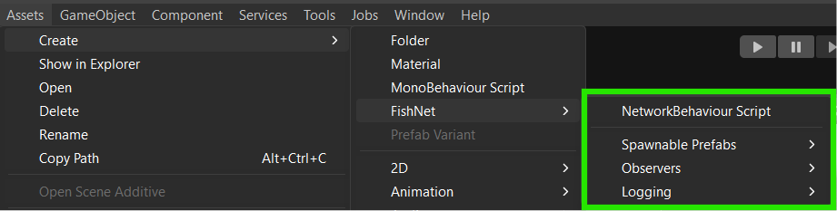 Image showing FishNet assets creation menu